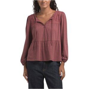 LUCKY BRAND Long Sleeve Notch V-neck Top With Tie Neck Detail